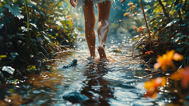 Foto mulher jovem descalça a caminhar no pântano