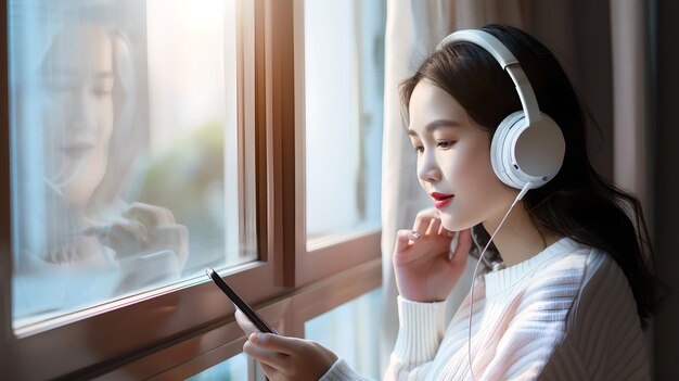 Mulher jovem desfrutando de música em fones de ouvido pela janela cena interior serena fotografia de estilo de vida humor reflexivo com luz suave AI