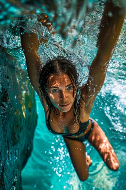 Mulher jovem desfrutando de um mergulho refrescante numa piscina tropical cristalina, cercada de natureza