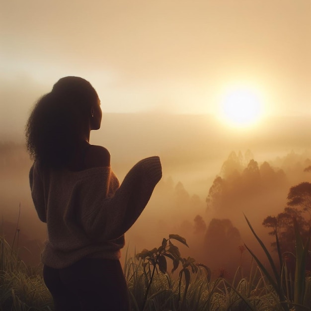 Mulher jovem desfrutando de uma manhã nebulosa na colina de Ngisis