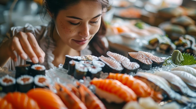 Foto mulher jovem desfrutando de uma variedade de sushi fresco e sashimi em um restaurante japonês