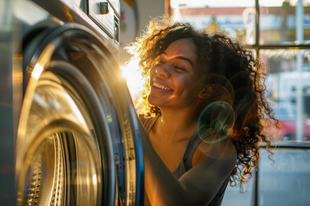 Foto mulher jovem desfrutando do sol do dia de lavagem enquanto faz tarefas domésticas