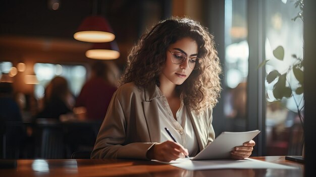 Foto mulher jovem determinada a trabalhar num café. ia generativa.