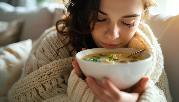 Foto mulher jovem doente a comer sopa de frango em casa.