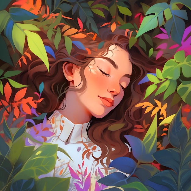 Mulher jovem dormindo em um jardim vibrante envolto por folhagem colorida