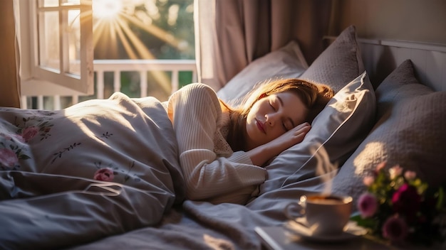 Mulher jovem dormindo pacificamente na cama pela manhã