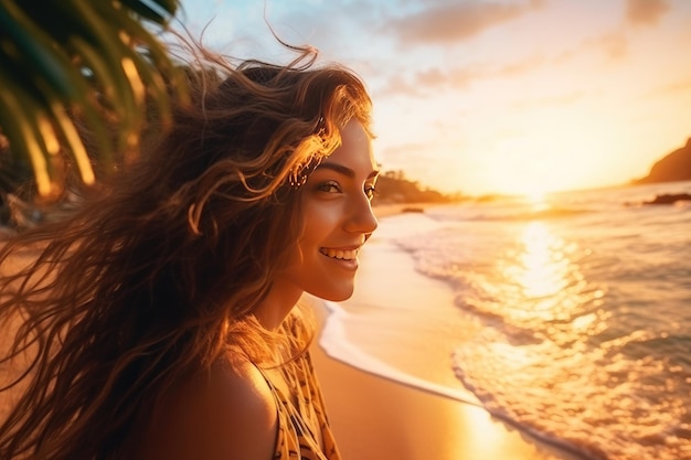 Mulher jovem e alegre a tomar banho no quente mar tropical.