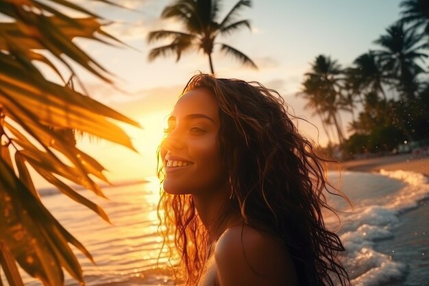 Foto mulher jovem e alegre a tomar banho no quente mar tropical.