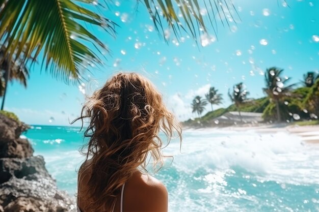 Mulher jovem e alegre a tomar banho no quente mar tropical.