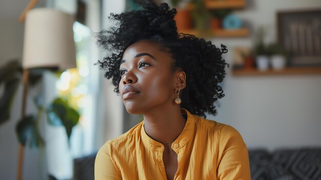 Mulher jovem e atenciosa a olhar para outro lado.