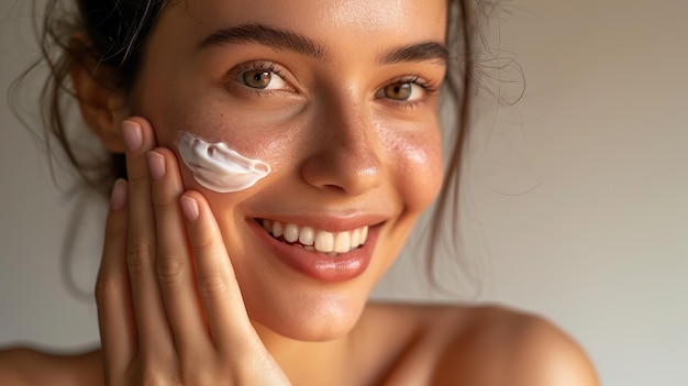 Foto mulher jovem e atraente aplica um creme de cuidados com a pele no rosto fresco
