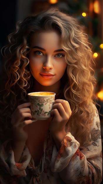 Mulher jovem e atraente aproveitando o sol da manhã enquanto segura uma xícara de café Generative AI
