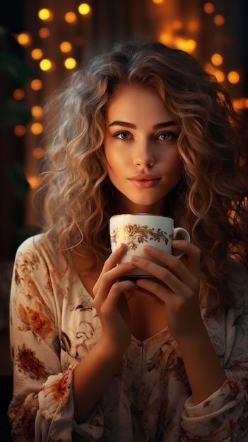 Mulher jovem e atraente aproveitando o sol da manhã enquanto segura uma xícara de café Generative AI