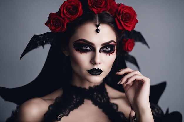 Mulher jovem e atraente com maquiagem gótica de vampiro na festa de Halloween sobre fundo preto gerado por IA