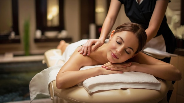 Mulher jovem e atraente fazendo massagem relaxando no salão de spa