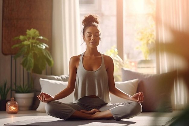 Mulher jovem e atraente fazendo yoga alongamento yoga online em casa O auto-isolamento é entretenimento e educação benéficos na Internet Conceito de estilo de vida saudável Generative AI