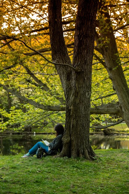 Mulher jovem e atraente lendo livro enquanto está sentado na grama no parque público verde Primavera ao ar livre Unidade verde com a natureza Passe o tempo livre ao ar livre