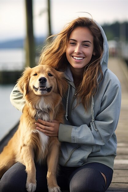 Mulher jovem e atraente sentada no cais com seu cachorro abraçando e acariciando o adorável animal de estimação IA generativa