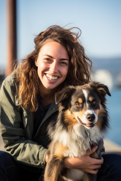 Mulher jovem e atraente sentada no cais com seu cachorro abraçando e acariciando o adorável animal de estimação IA generativa