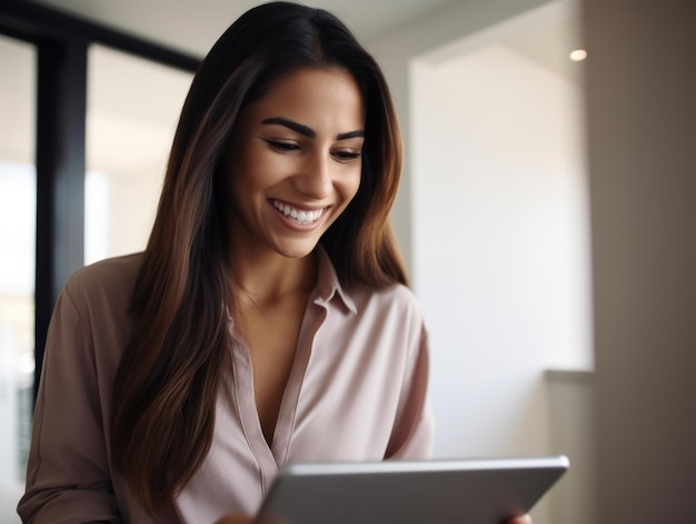 Mulher jovem e atraente sorrindo enquanto usa seu tablet digital em casa