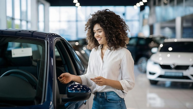 Mulher jovem e bonita a escolher um carro numa loja de automóveis.