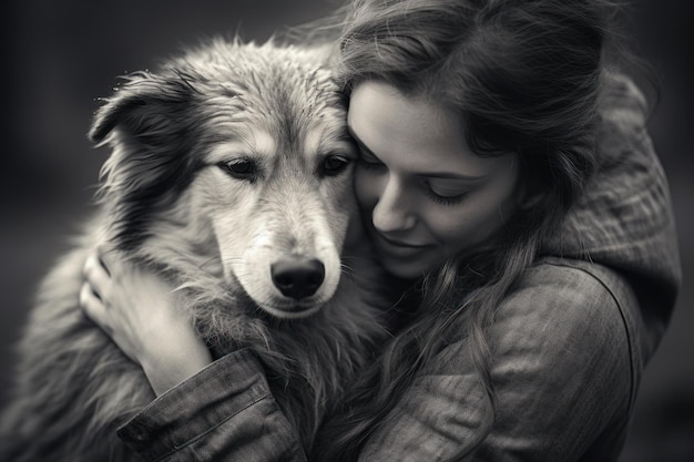 Mulher jovem e bonita abraçando seu cachorro Foto em preto e branco