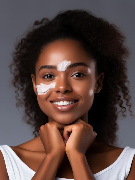 Mulher jovem e bonita aplicando creme facial fresco, pele saudável, cosméticos de beleza e tratamento facial