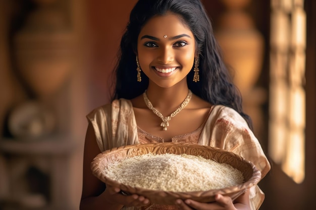 Mulher jovem e bonita apresentando uma tigela de arroz