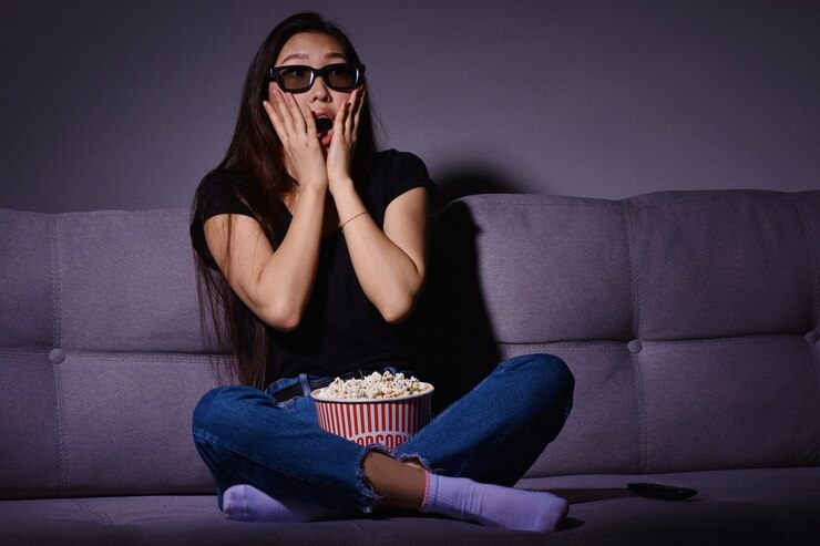 Foto mulher jovem e bonita asiática assistindo tv em casa. comendo pipoca. tempo em casa