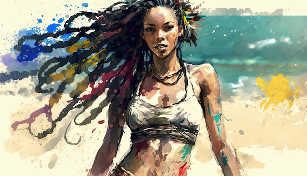 Mulher jovem e bonita caminhando na praia estilo aquarela Generative AI