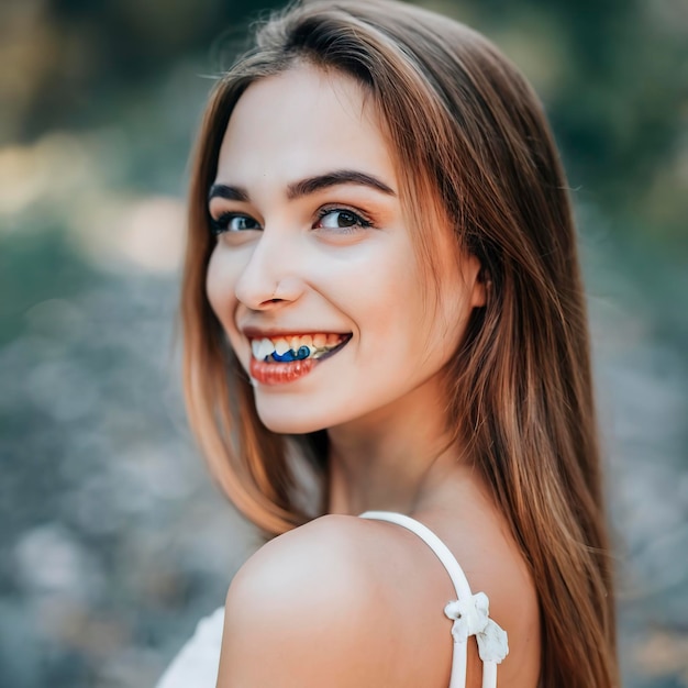 Mulher jovem e bonita com aparelho de dentes