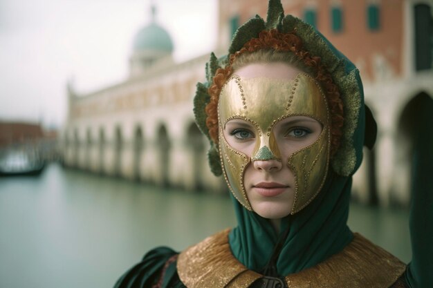 Mulher jovem e bonita com aparência misteriosa Máscara veneziana Famoso carnaval em Veneza, Itália, criado com tecnologia de IA generativa