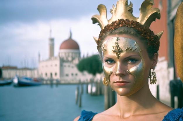 Mulher jovem e bonita com aparência misteriosa Máscara veneziana Famoso carnaval em Veneza, Itália, criado com tecnologia de IA generativa