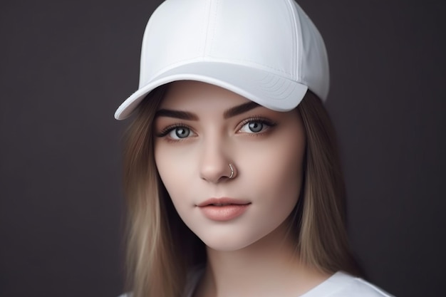 Mulher jovem e bonita com boné branco em branco Modelo de maquete de boné de beisebol Copie o espaço para a impressão gráfica do logotipo de texto Basecap mock up Vista de perto Generative AI