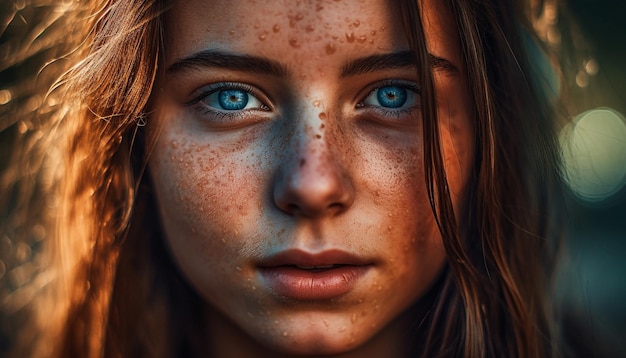 Mulher jovem e bonita com cabelo castanho sorrindo ao ar livre gerado por IA