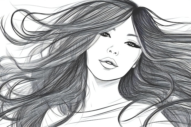 Mulher jovem e bonita com cabelo comprido Ilustração de moda desenhada à mão