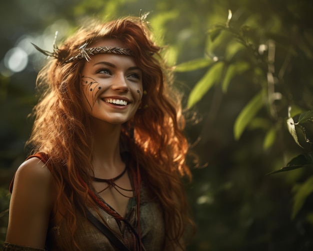 Foto mulher jovem e bonita com cabelo ruivo na floresta