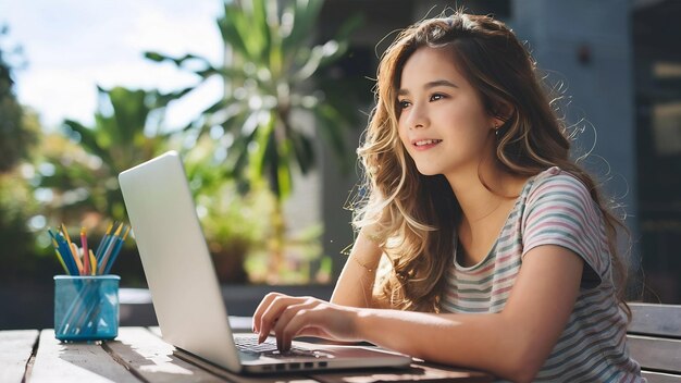 Mulher jovem e bonita com cabelos longos e ondulados desfrutando de um dia ensolarado usando um computador portátil para trabalho à distância