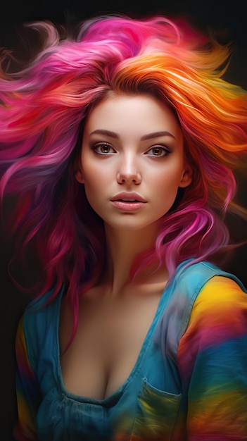 Mulher jovem e bonita com camiseta arco-íris e cabelo arco-íris