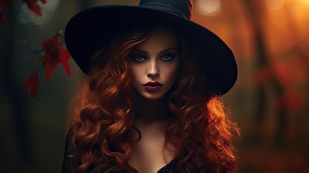 Mulher jovem e bonita com chapéu de bruxa, retrato de arte de Halloween
