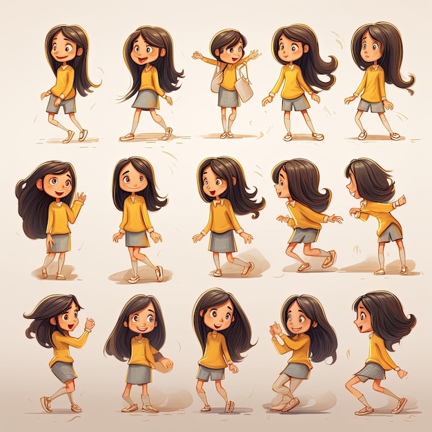 Mulher jovem e bonita com diferentes poses de penteados e emoções vetor ilustração