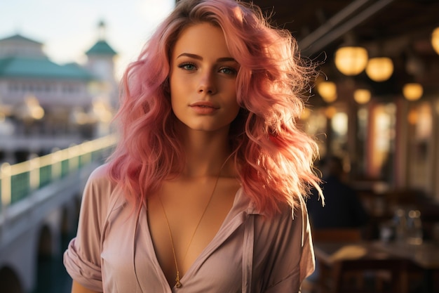 mulher jovem e bonita com lábios rosados e cabelos cacheados