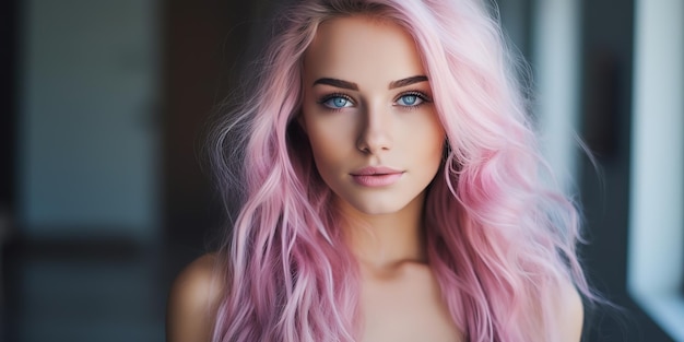 Mulher jovem e bonita com penteado perfeito de cabelo rosa e coloração de cabelo