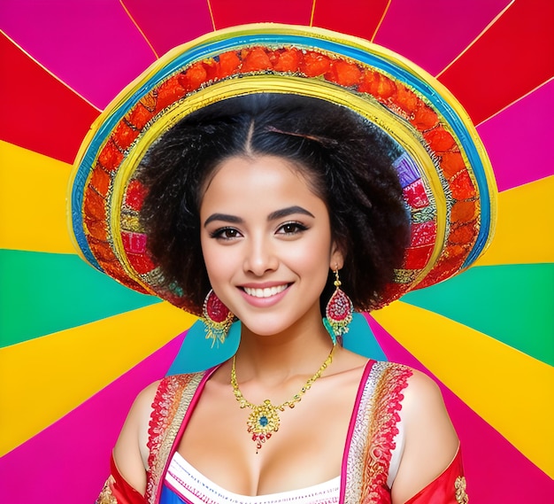 Mulher jovem e bonita com sombrero mexicano em fundo colorido