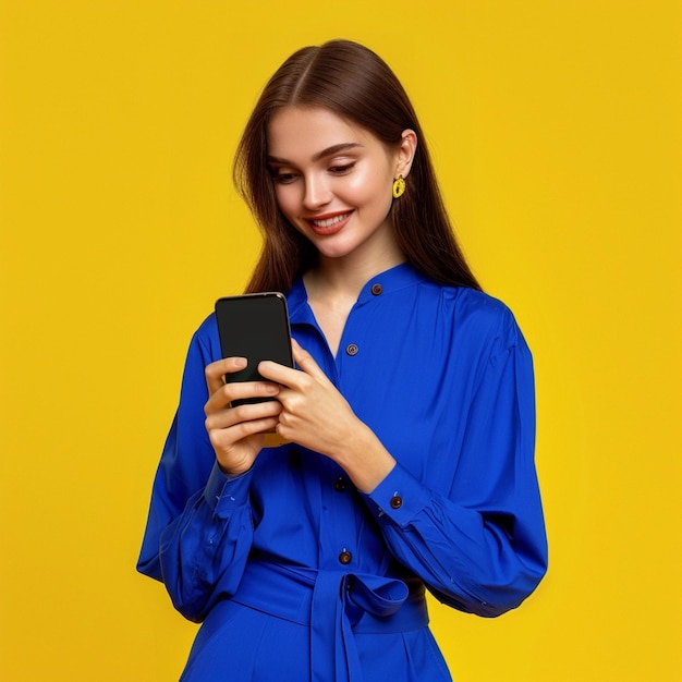 Mulher jovem e bonita com telefone posando em fundo amarelo vestindo roupas azuis