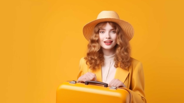 Foto mulher jovem e bonita com um casaco amarelo e chapéu com uma mala em um fundo amarelo