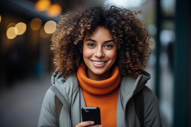 Mulher jovem e bonita com um smartphone absorta em uma conversa ou mensagem de texto IA generativa