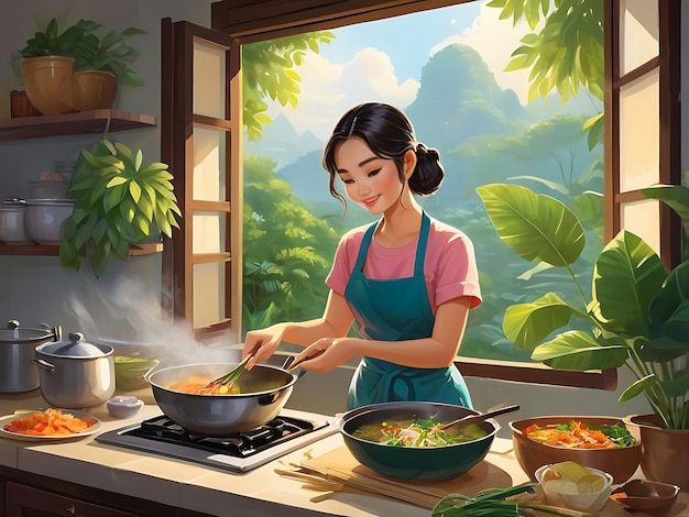 Mulher jovem e bonita cozinhando na pintura de ilustração da cozinha