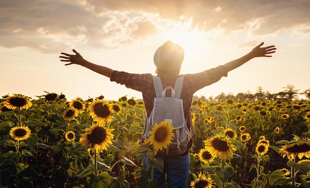 Mulher jovem e bonita curtindo a natureza no campo de girassóis ao pôr do sol