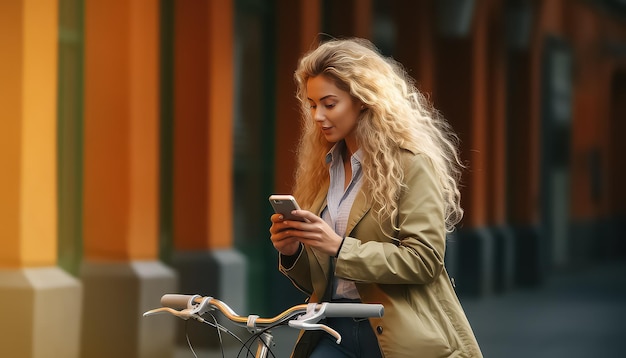 mulher jovem e bonita de bicicleta usando seu smartphone